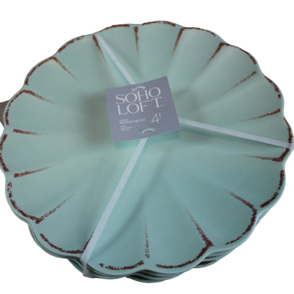 Soho Loft Plates Rustic Scalloped Set of 4 Melamine 11" Dinner Seafoam Green NWT